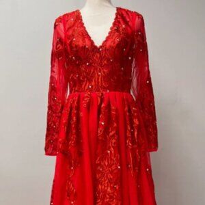 JJ's House Red Ball-Gown w/ Sweep Train Tulle Lace w/ Sequins Sz 8 196082